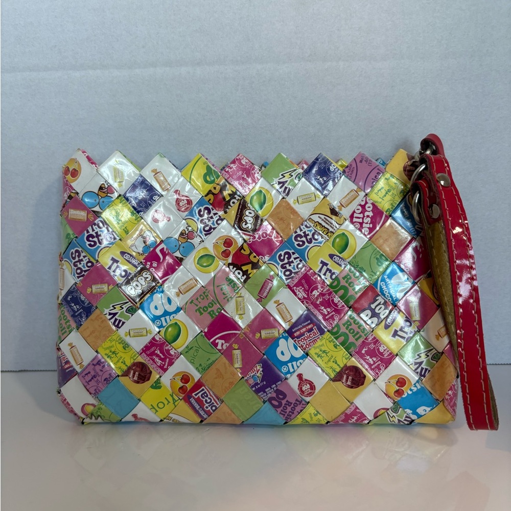 🍬 Nahui Ollin Candy Wrapper Wristlet – Eco-Friendly Upcycled Purse